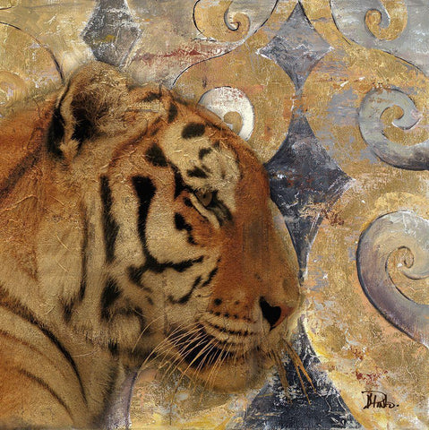 Golden Safari II (Tiger) Black Ornate Wood Framed Art Print with Double Matting by Pinto, Patricia