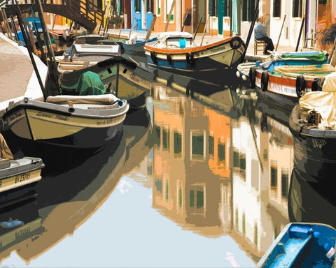 Burano Boats Black Ornate Wood Framed Art Print with Double Matting by Lake, Shelley