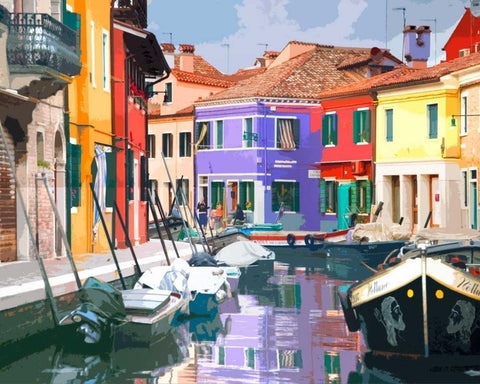 Burano Village Black Ornate Wood Framed Art Print with Double Matting by Lake, Shelley