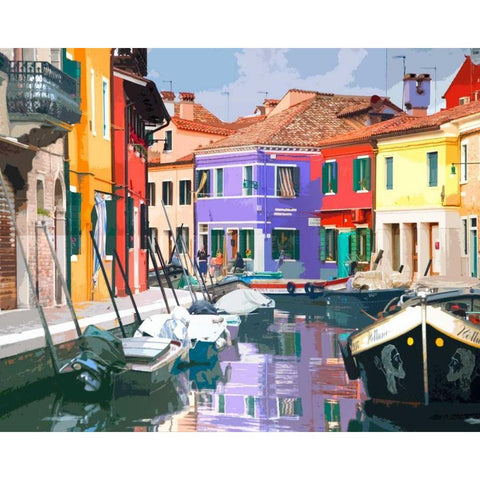 Burano Village White Modern Wood Framed Art Print by Lake, Shelley