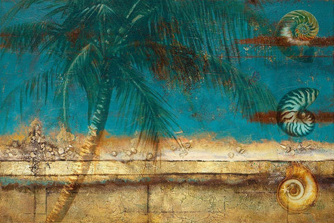 Seascapes and Palm and Shells Black Ornate Wood Framed Art Print with Double Matting by Pinto, Patricia