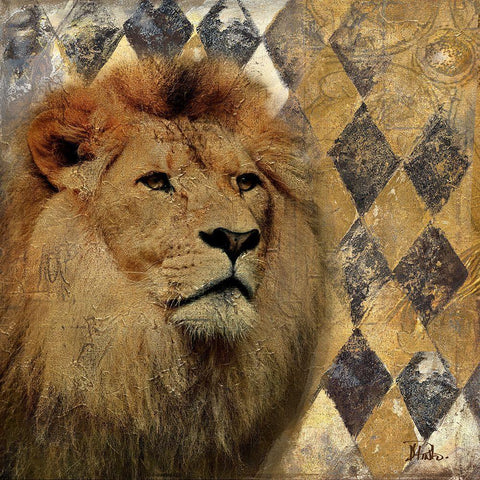 Golden Safari IV (Lion) White Modern Wood Framed Art Print with Double Matting by Pinto, Patricia