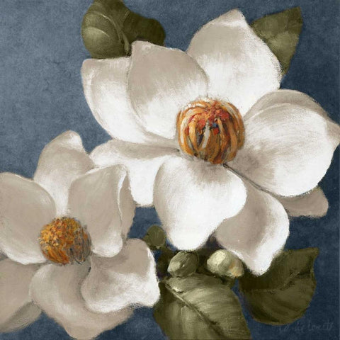 Magnolias on Blue II Black Modern Wood Framed Art Print with Double Matting by Loreth, Lanie