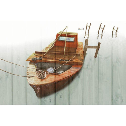 Boat with Textured Wood Look III Black Modern Wood Framed Art Print with Double Matting by Mabat, Ynon