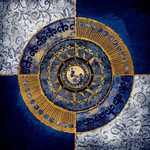 Gold and Sapphire Moon Dial II Gold Ornate Wood Framed Art Print with Double Matting by Marcon, Michael