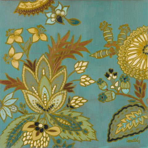 European Floral on Teal I Gold Ornate Wood Framed Art Print with Double Matting by Loreth, Lanie