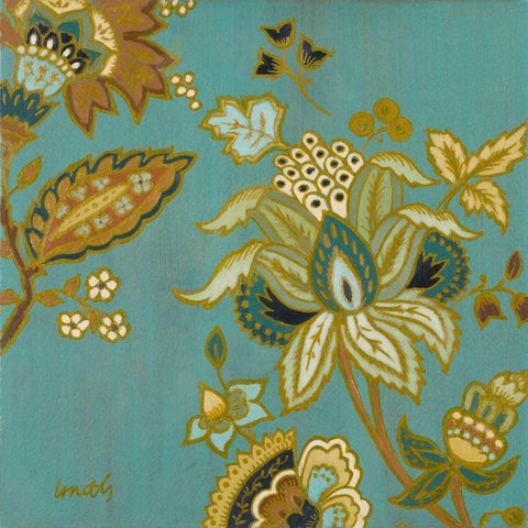 European Floral on Teal II Gold Ornate Wood Framed Art Print with Double Matting by Loreth, Lanie