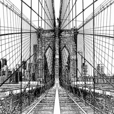 Brooklyn Bridge Sketch White Modern Wood Framed Art Print by Lake, Shelley