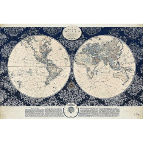 Blue Map of the World Gold Ornate Wood Framed Art Print with Double Matting by Medley, Elizabeth