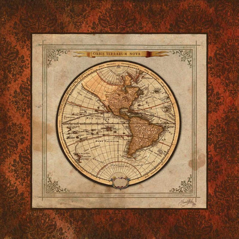 Red Damask Map I Gold Ornate Wood Framed Art Print with Double Matting by Medley, Elizabeth