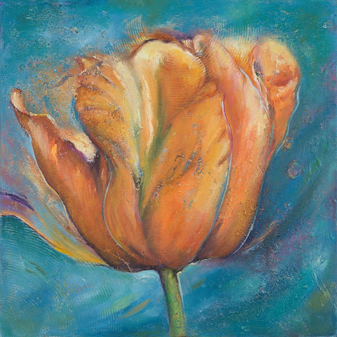 Orange Tulip on Blue White Modern Wood Framed Art Print with Double Matting by Pinto, Patricia