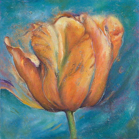 Orange Tulip on Blue Gold Ornate Wood Framed Art Print with Double Matting by Pinto, Patricia