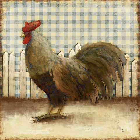 Rooster on Damask II Black Modern Wood Framed Art Print by Meneely, Dan