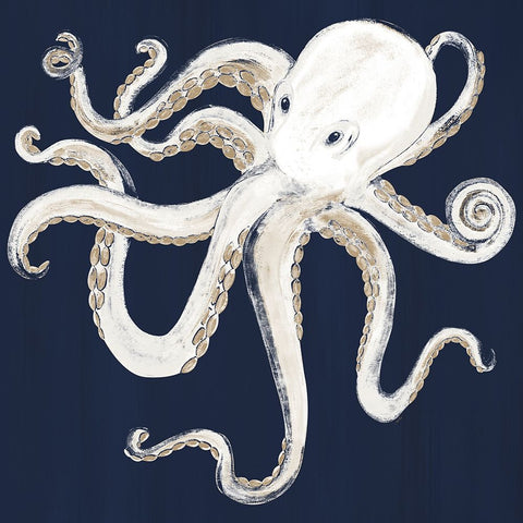 Octopus On Dark Blue White Modern Wood Framed Art Print with Double Matting by Ritter, Gina