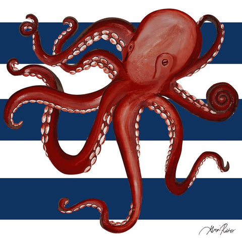 Red Octopus on Navy Stripes Black Ornate Wood Framed Art Print with Double Matting by Ritter, Gina