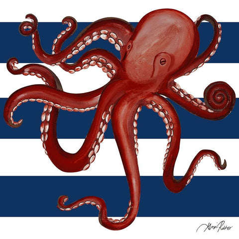 Red Octopus on Navy Stripes Black Modern Wood Framed Art Print with Double Matting by Ritter, Gina