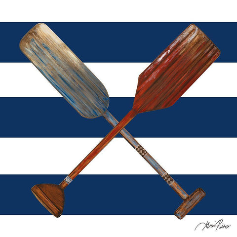 Two Oars On Blue And White Stripes White Modern Wood Framed Art Print by Ritter, Gina