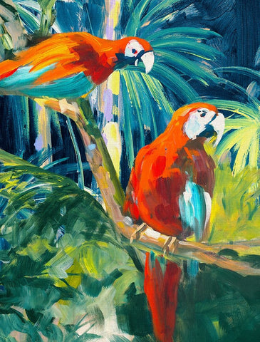 Parrots in Tropics II White Modern Wood Framed Art Print with Double Matting by Slivka, Jane
