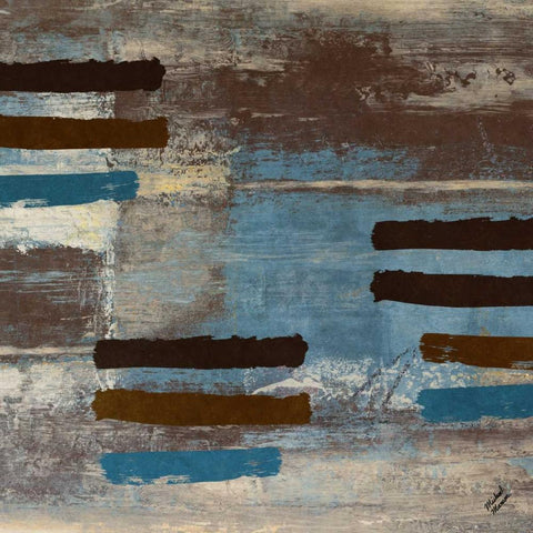 Blue Bared Abstract Square II White Modern Wood Framed Art Print with Double Matting by Marcon, Michael