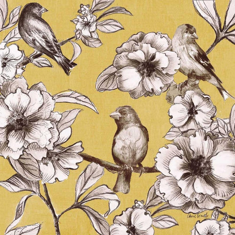 Peonies and Birds on Yellow I White Modern Wood Framed Art Print by Loreth, Lanie