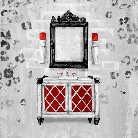 Red Antique Mirrored Bath Square I Black Ornate Wood Framed Art Print with Double Matting by Hakimipour, Tiffany