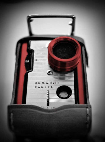 Red Movie Camera with Border Black Ornate Wood Framed Art Print with Double Matting by Peck, Gail