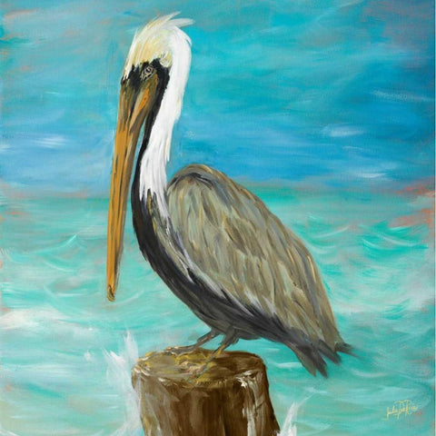 Pelicans on Post I Black Modern Wood Framed Art Print with Double Matting by DeRice, Julie