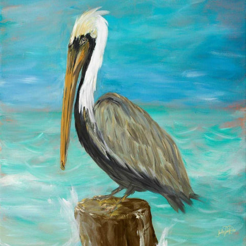 Pelicans on Post I White Modern Wood Framed Art Print with Double Matting by DeRice, Julie