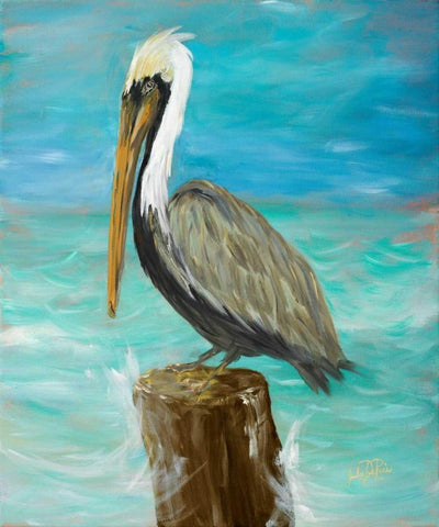 Single Pelican on Post White Modern Wood Framed Art Print with Double Matting by DeRice, Julie