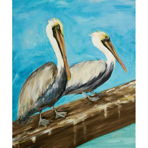 Two Pelicans on Dock Rail White Modern Wood Framed Art Print by DeRice, Julie