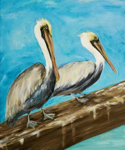 Two Pelicans on Dock Rail Black Ornate Wood Framed Art Print with Double Matting by DeRice, Julie