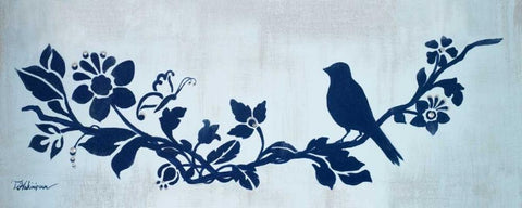 Blue Floral and Bird I White Modern Wood Framed Art Print with Double Matting by Hakimipour, Tiffany