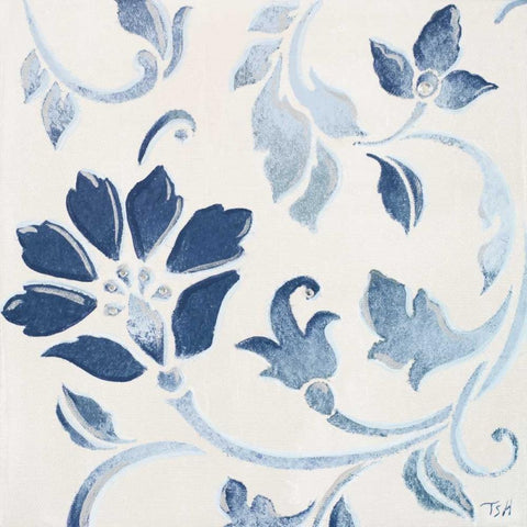 Blue Floral Shimmer I White Modern Wood Framed Art Print with Double Matting by Hakimipour, Tiffany