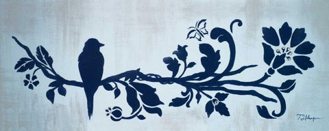 Blue Floral and Bird II Black Ornate Wood Framed Art Print with Double Matting by Hakimipour, Tiffany