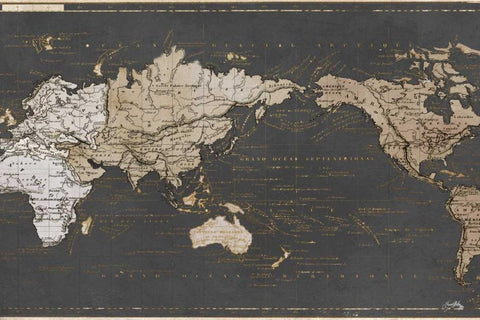 World Map in Gold and Gray Black Ornate Wood Framed Art Print with Double Matting by Medley, Elizabeth