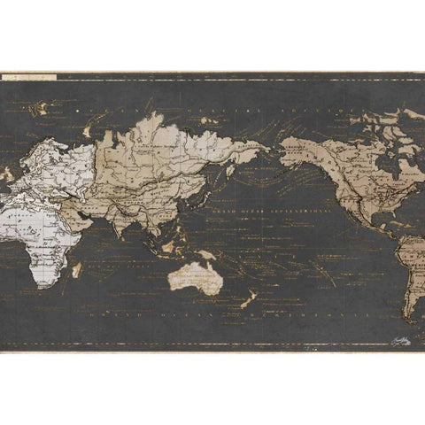 World Map in Gold and Gray Black Modern Wood Framed Art Print by Medley, Elizabeth