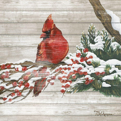 Winter Red Bird on Wood I White Modern Wood Framed Art Print by Hakimipour, Tiffany