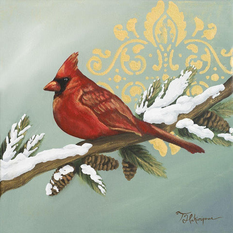 Winter Red Bird II Gold Ornate Wood Framed Art Print with Double Matting by Hakimipour, Tiffany