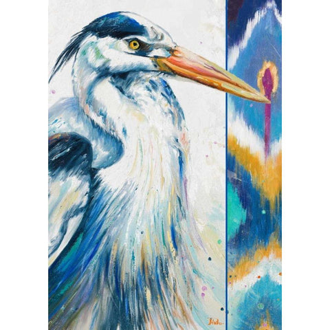 Blue Heron Ikat I Gold Ornate Wood Framed Art Print with Double Matting by Pinto, Patricia