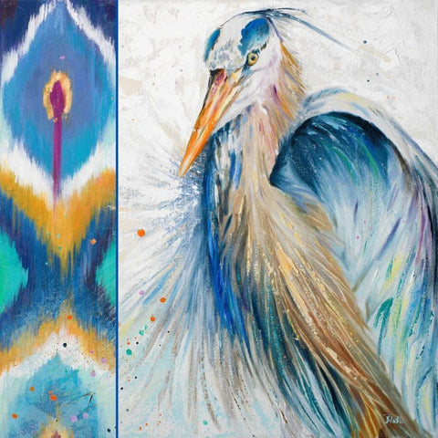 Blue Heron Ikat II Gold Ornate Wood Framed Art Print with Double Matting by Pinto, Patricia