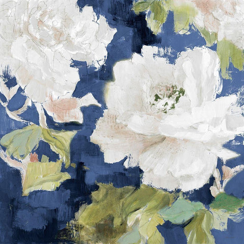 White Modern Peonies on Blue I Black Modern Wood Framed Art Print with Double Matting by Loreth, Lanie