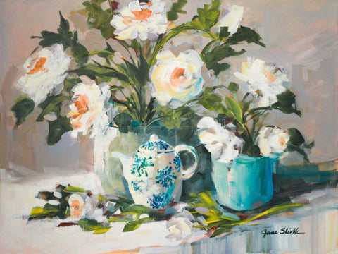 White Peonies II Black Ornate Wood Framed Art Print with Double Matting by Slivka, Jane