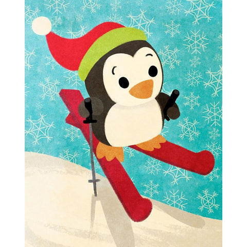 Skiing Penguin Black Modern Wood Framed Art Print with Double Matting by Josefina