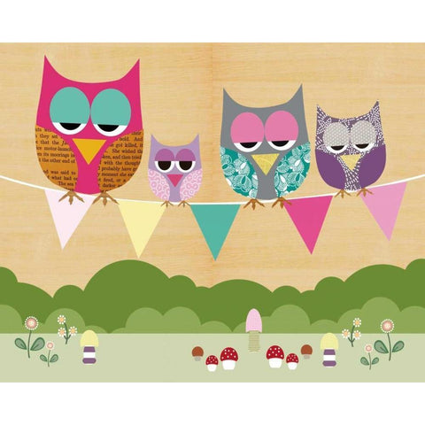 Flag Banner Owls Black Modern Wood Framed Art Print with Double Matting by Schoen, Claudia