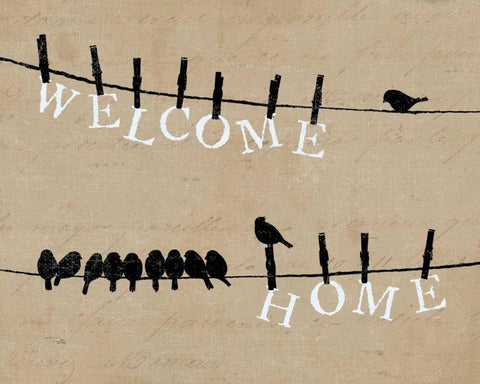 Birds on a Wire - Welcome Home White Modern Wood Framed Art Print with Double Matting by Pelletier, Alain