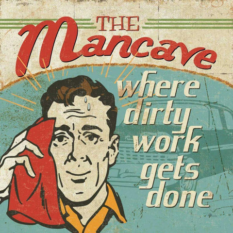 Mancave III - Where Dirty Work Gets Done Black Modern Wood Framed Art Print by Pela Studio