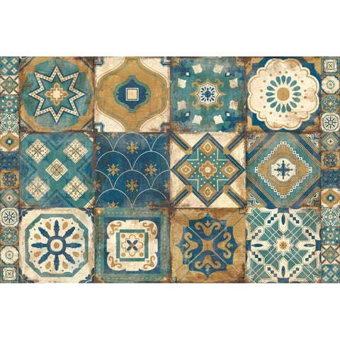 Moroccan Tiles Blue Gold Ornate Wood Framed Art Print with Double Matting by Hilsaca, Cleonique