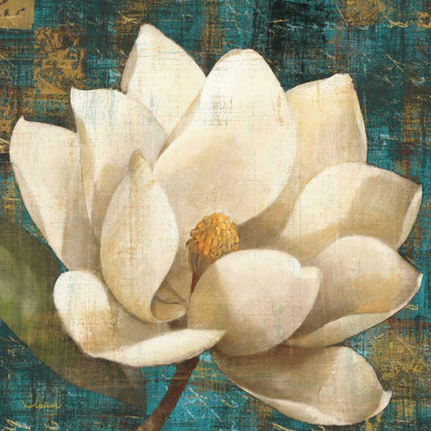 Magnolia Blossom Turquoise White Modern Wood Framed Art Print with Double Matting by Hristova, Albena