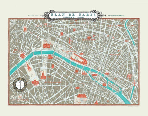 Plan de Paris Map - Version II White Modern Wood Framed Art Print with Double Matting by Schlabach, Sue