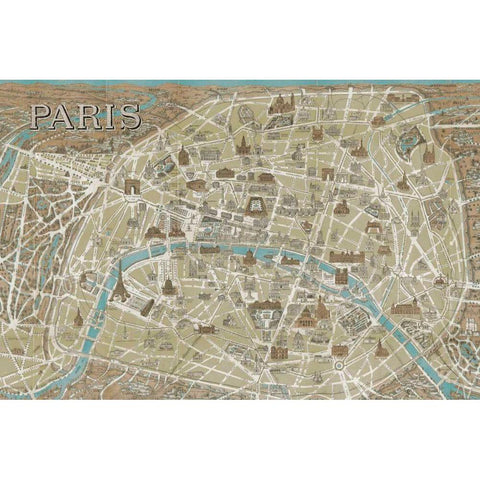 Monuments of Paris Map Blue White Modern Wood Framed Art Print by Wild Apple Portfolio